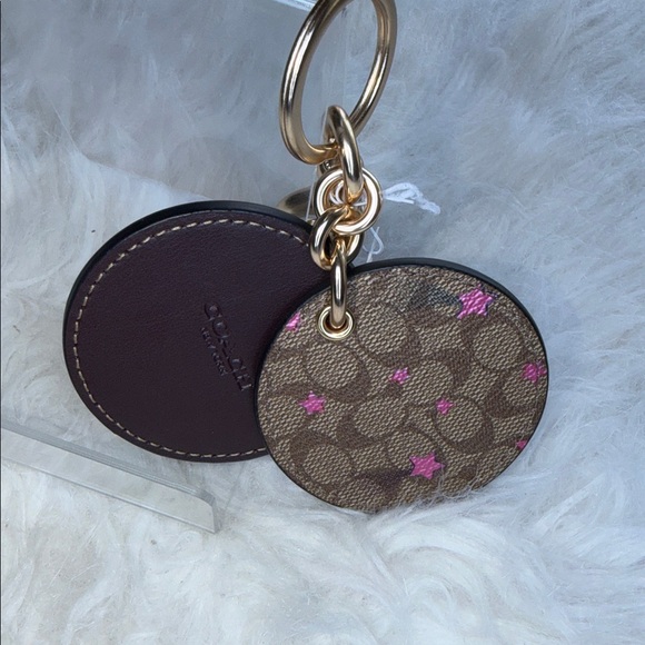 Coach NWT authentic leather keychain or bag charm mirror if open brown with pink - Picture 5 of 5